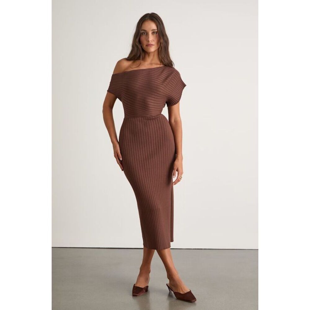 Lulus Brady Brown Ribbed Off-the-shoulder Sweater Midi Dress - Size XS